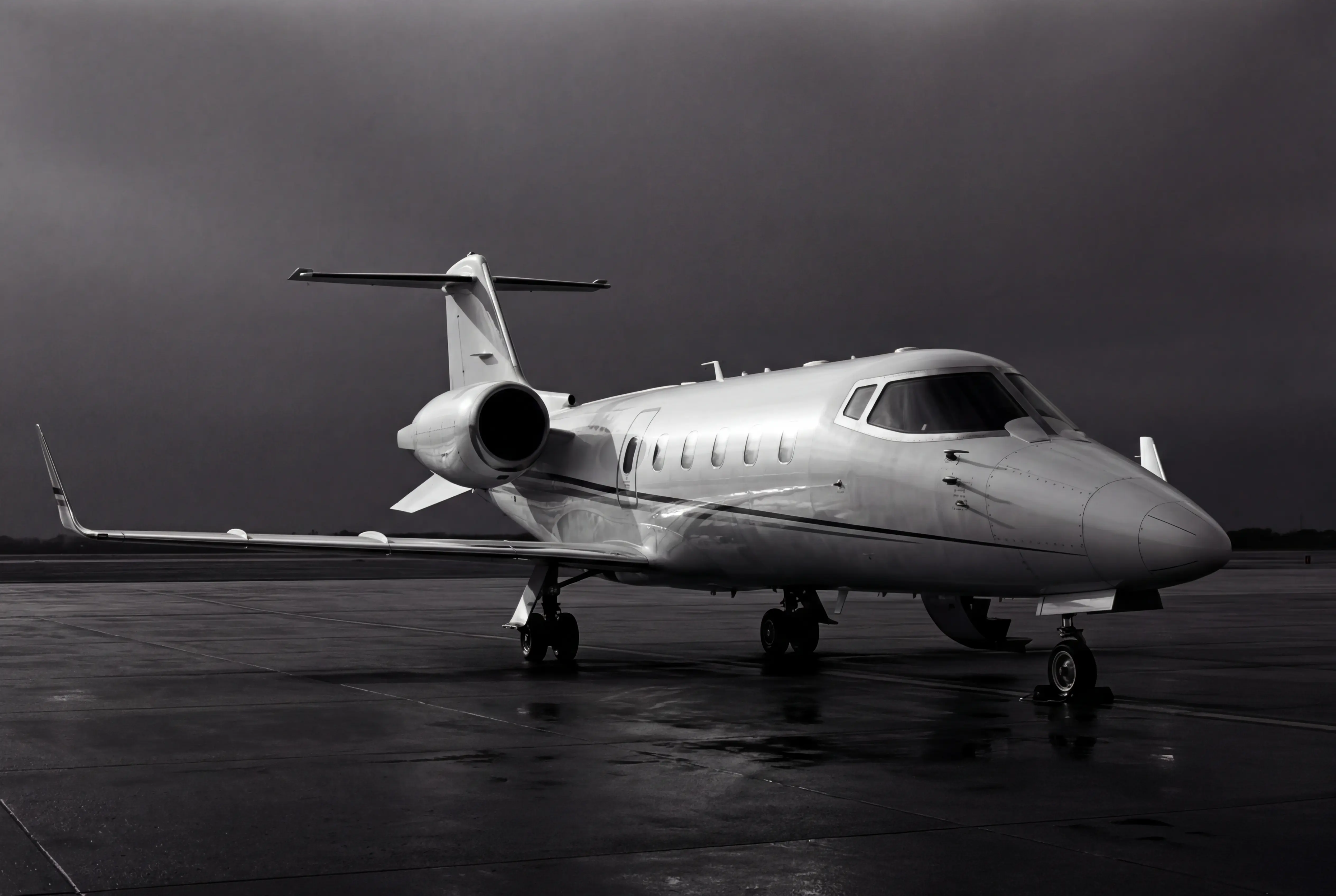 Learjet 60XR three-quarter front view on a clean concrete ramp